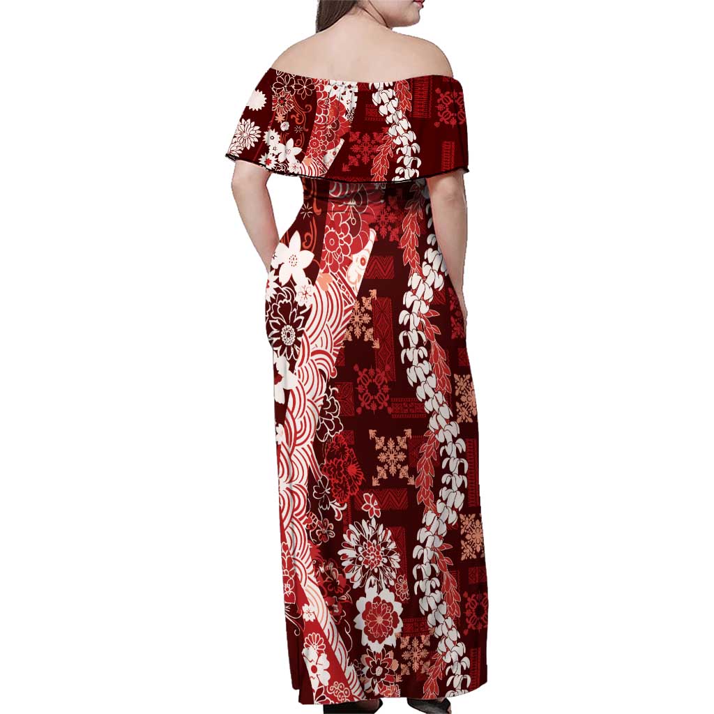 Hawaii Puakenikeni and Maile Lei Family Matching Off Shoulder Maxi Dress and Hawaiian Shirt Red Japanese Wave Style - Polynesian Pride