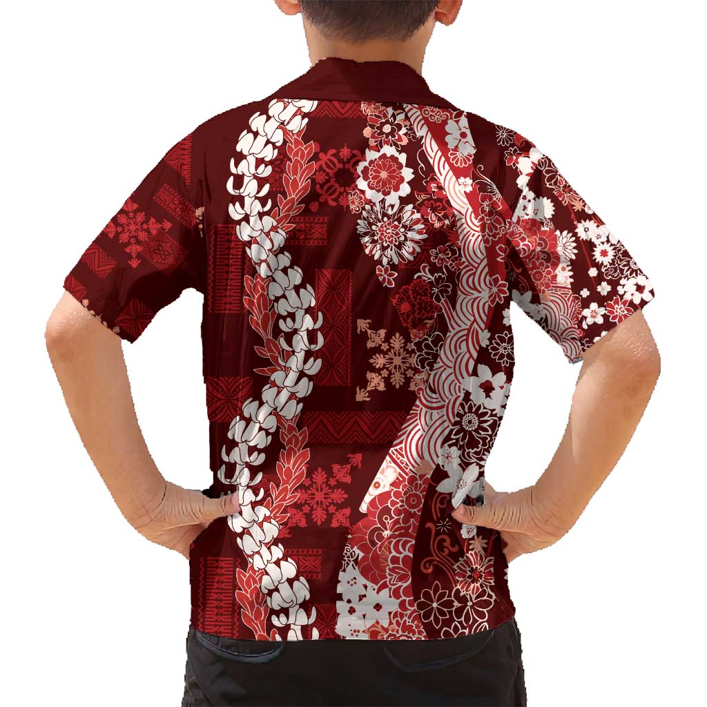 Hawaii Puakenikeni and Maile Lei Family Matching Off Shoulder Short Dress and Hawaiian Shirt Red Japanese Wave Style - Polynesian Pride
