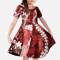 Hawaii Puakenikeni and Maile Lei Family Matching Puletasi and Hawaiian Shirt Red Japanese Wave Style LT9 Daughter's Dress Red - Polynesian Pride