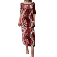 Hawaii Puakenikeni and Maile Lei Family Matching Puletasi and Hawaiian Shirt Red Japanese Wave Style LT9 Mom's Dress Red - Polynesian Pride