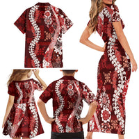 Hawaii Puakenikeni and Maile Lei Family Matching Short Sleeve Bodycon Dress and Hawaiian Shirt Red Japanese Wave Style - Polynesian Pride