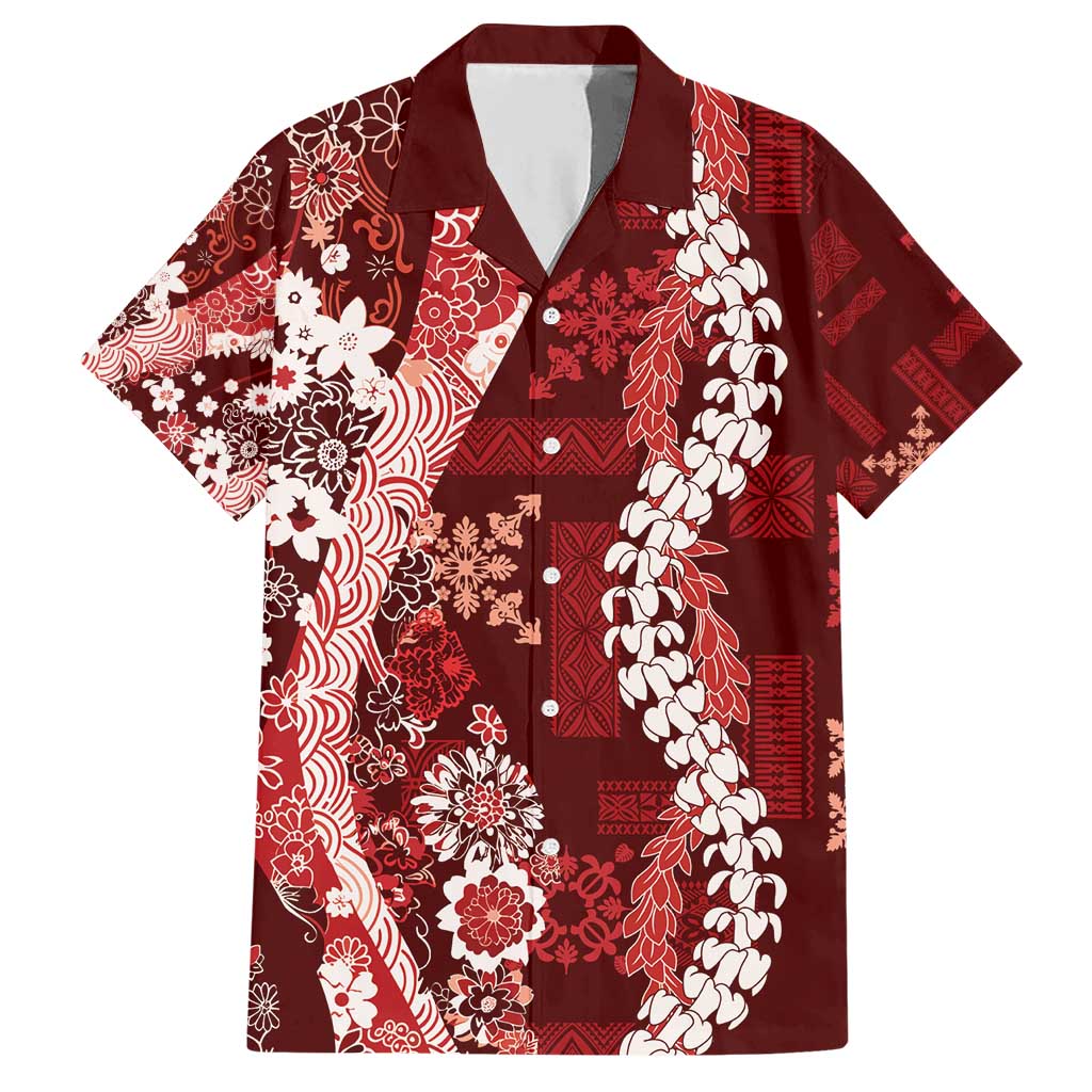 Hawaii Puakenikeni and Maile Lei Family Matching Short Sleeve Bodycon Dress and Hawaiian Shirt Red Japanese Wave Style - Polynesian Pride