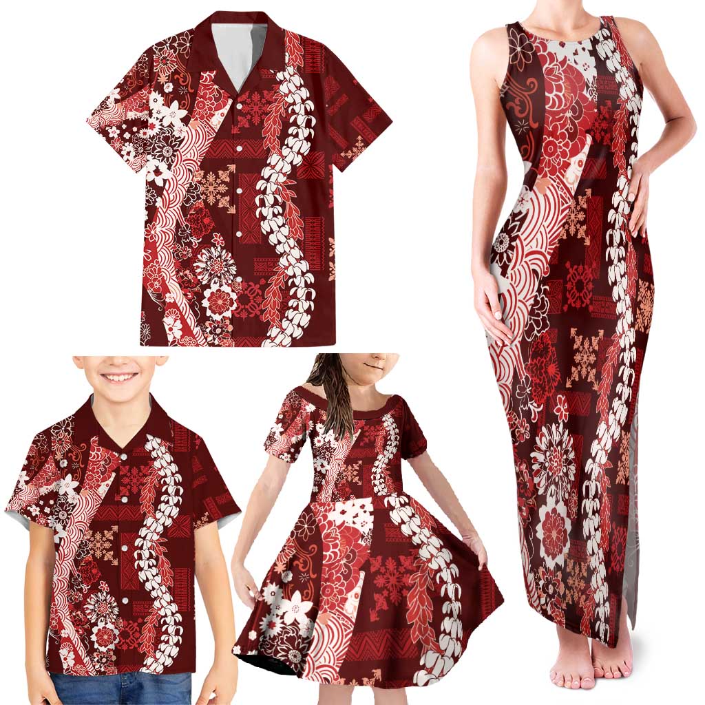 Hawaii Puakenikeni and Maile Lei Family Matching Tank Maxi Dress and Hawaiian Shirt Red Japanese Wave Style - Polynesian Pride