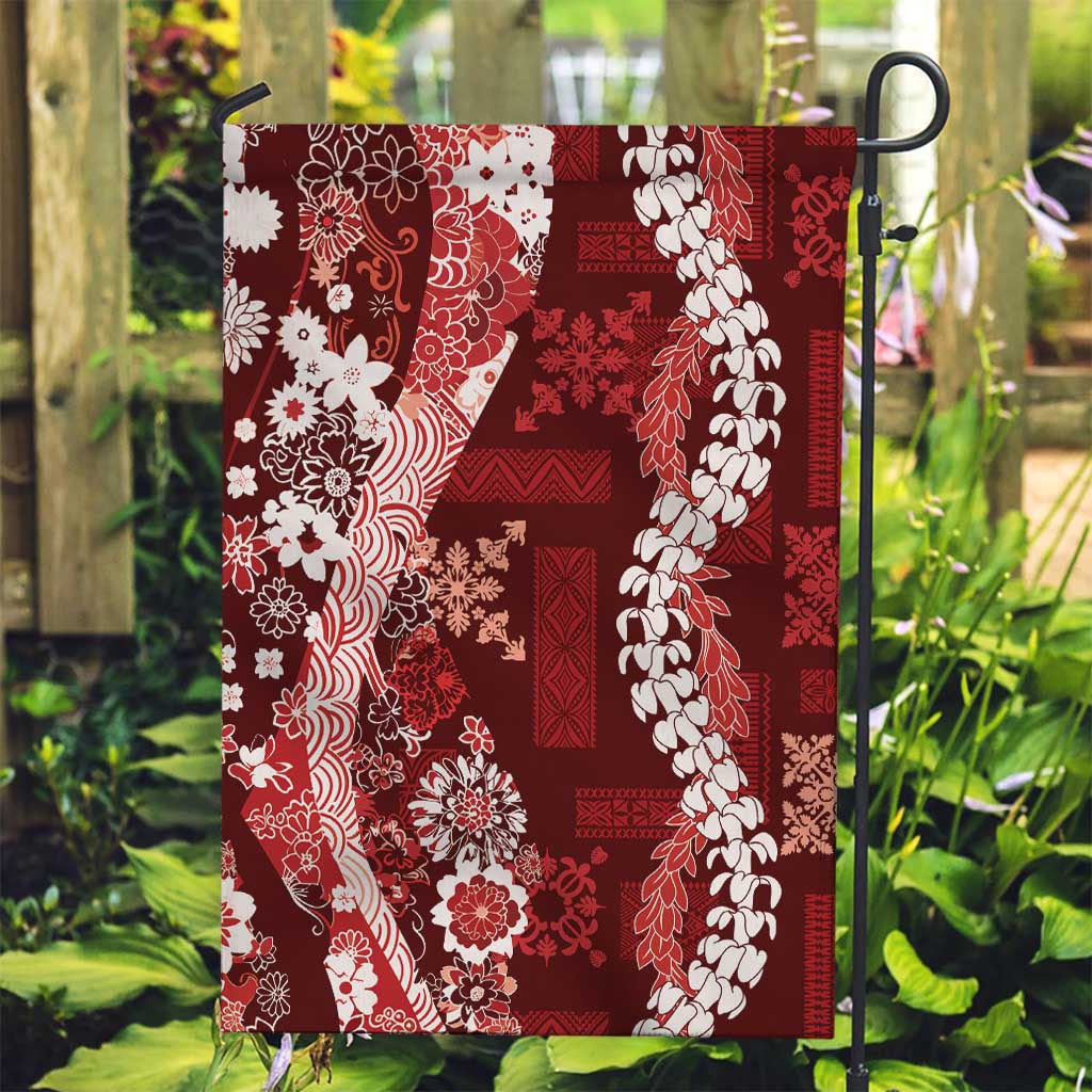 Hawaii Puakenikeni and Maile Lei Garden Flag Red Japanese Wave Style - Polynesian Pride