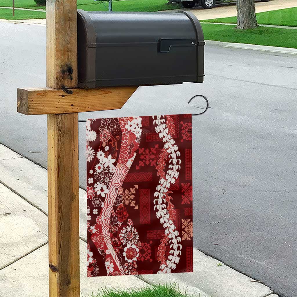 Hawaii Puakenikeni and Maile Lei Garden Flag Red Japanese Wave Style - Polynesian Pride