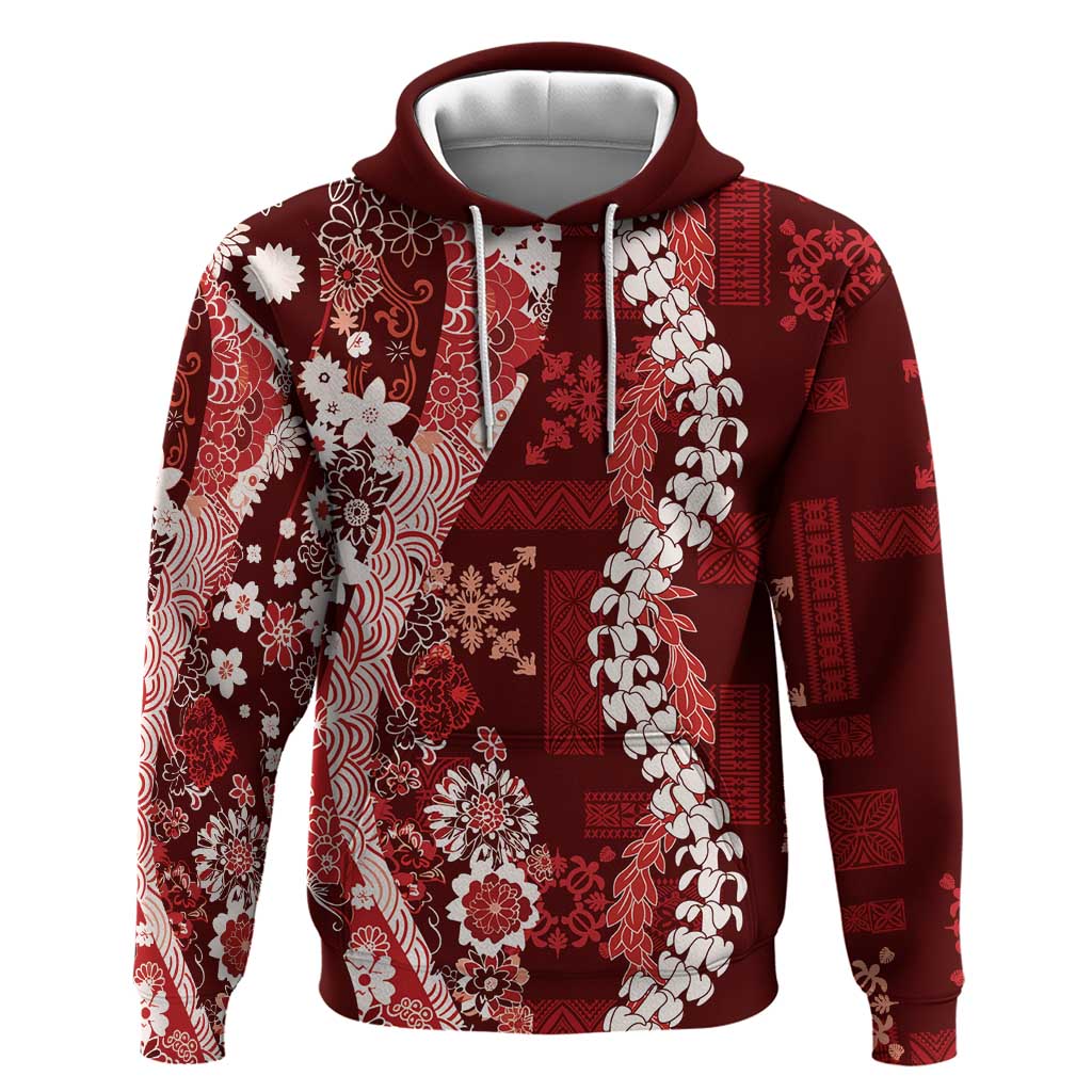 Hawaii Puakenikeni and Maile Lei Hoodie Red Japanese Wave Style - Polynesian Pride