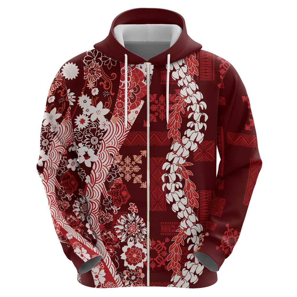 Hawaii Puakenikeni and Maile Lei Hoodie Red Japanese Wave Style - Polynesian Pride