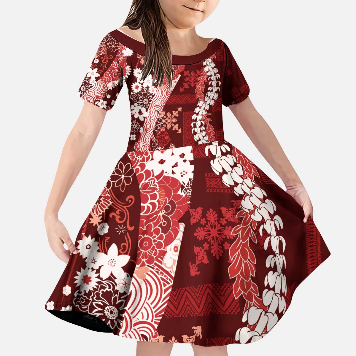 Hawaii Puakenikeni and Maile Lei Kid Short Sleeve Dress Red Japanese Wave Style - Polynesian Pride