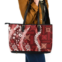 Hawaii Puakenikeni and Maile Lei Leather Tote Bag Red Japanese Wave Style - Polynesian Pride