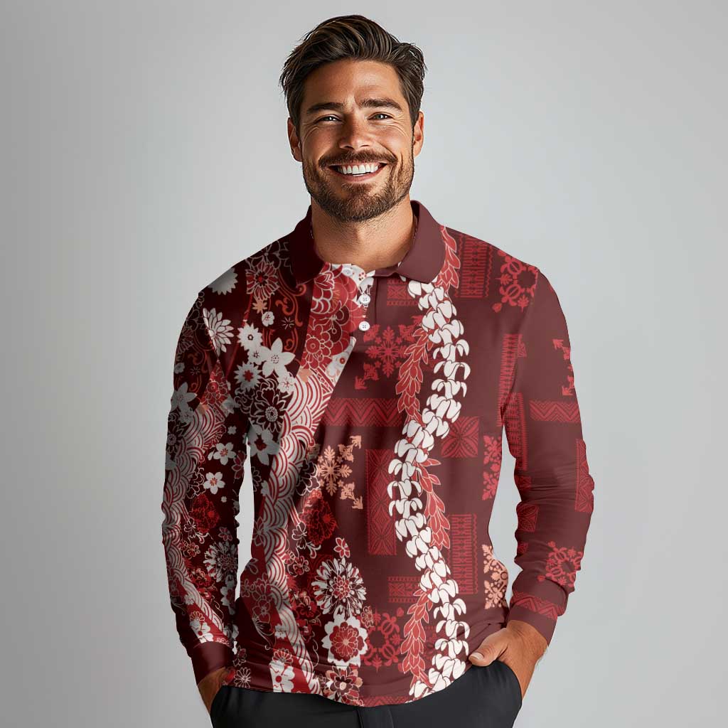 Hawaii Puakenikeni and Maile Lei Long Sleeve Polo Shirt Red Japanese Wave Style - Polynesian Pride