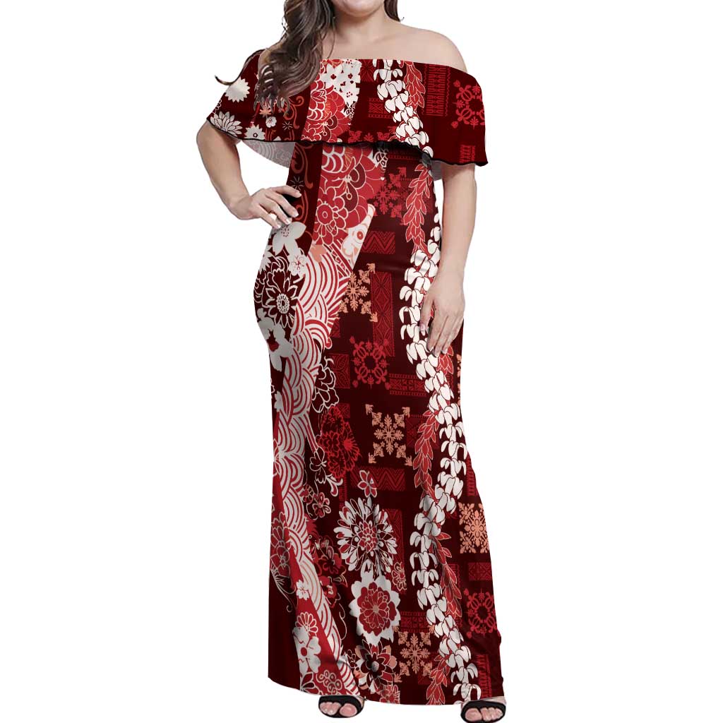 Hawaii Puakenikeni and Maile Lei Off Shoulder Maxi Dress Red Japanese Wave Style - Polynesian Pride