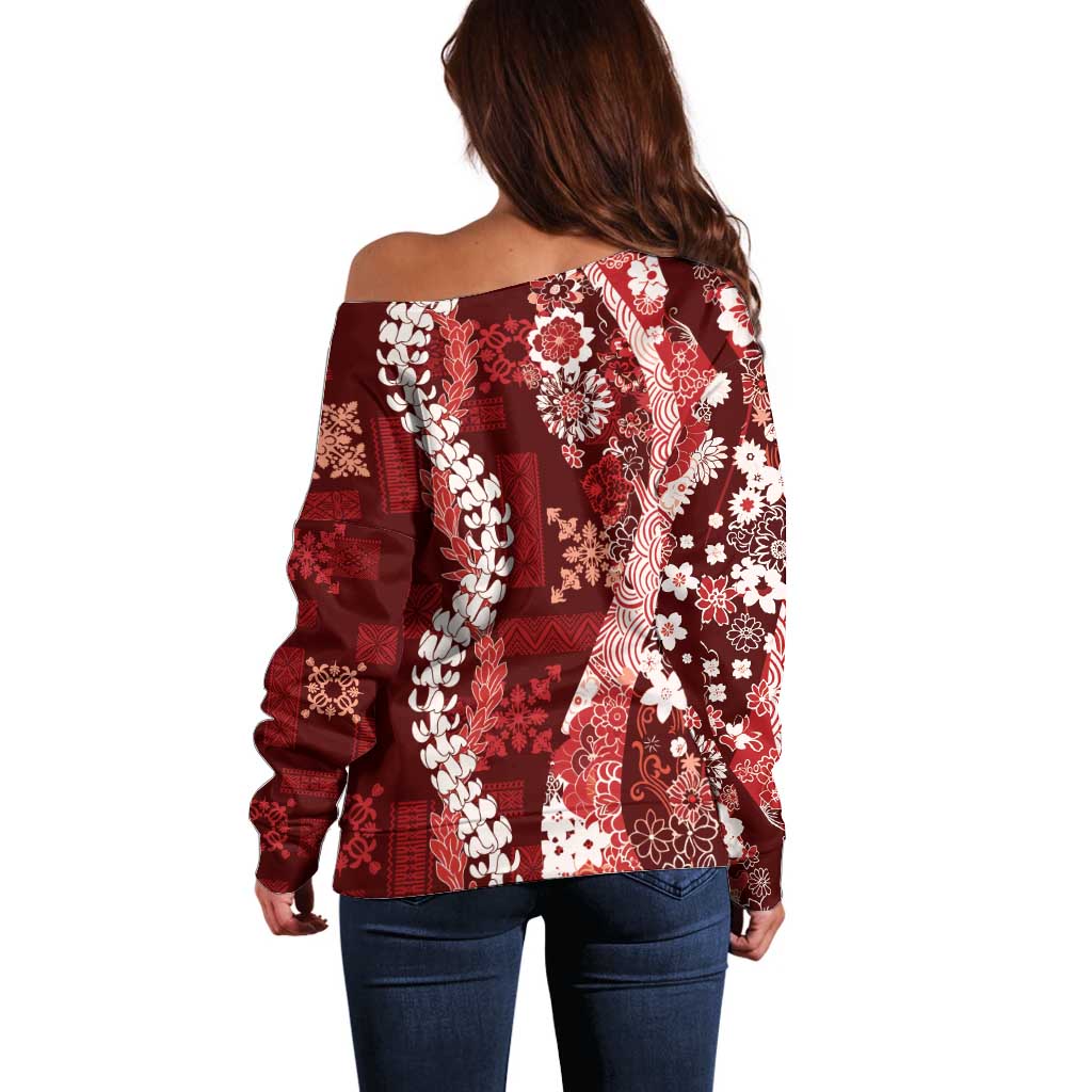 Hawaii Puakenikeni and Maile Lei Off Shoulder Sweater Red Japanese Wave Style - Polynesian Pride