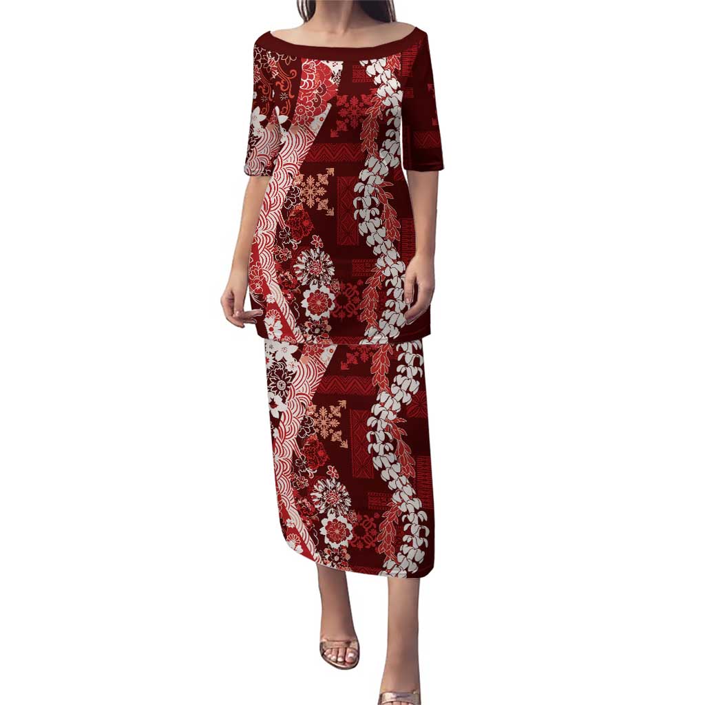 Hawaii Puakenikeni and Maile Lei Puletasi Red Japanese Wave Style - Polynesian Pride