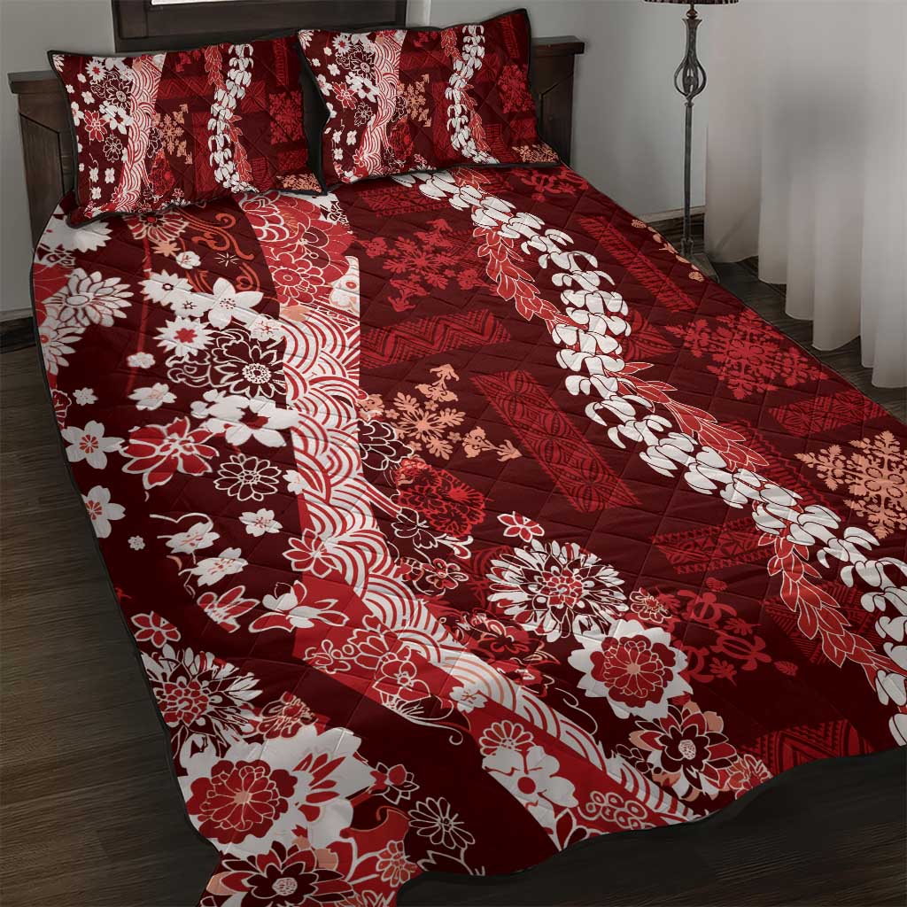 Hawaii Puakenikeni and Maile Lei Quilt Bed Set Red Japanese Wave Style - Polynesian Pride
