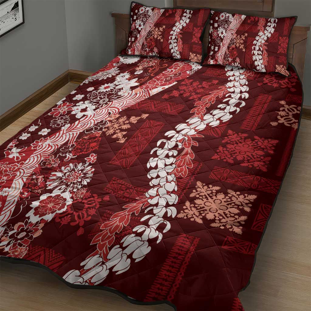 Hawaii Puakenikeni and Maile Lei Quilt Bed Set Red Japanese Wave Style - Polynesian Pride