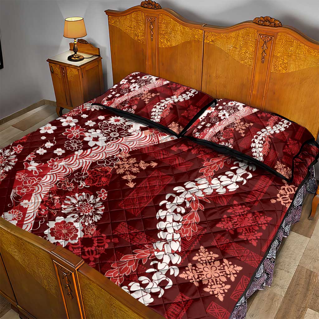 Hawaii Puakenikeni and Maile Lei Quilt Bed Set Red Japanese Wave Style - Polynesian Pride
