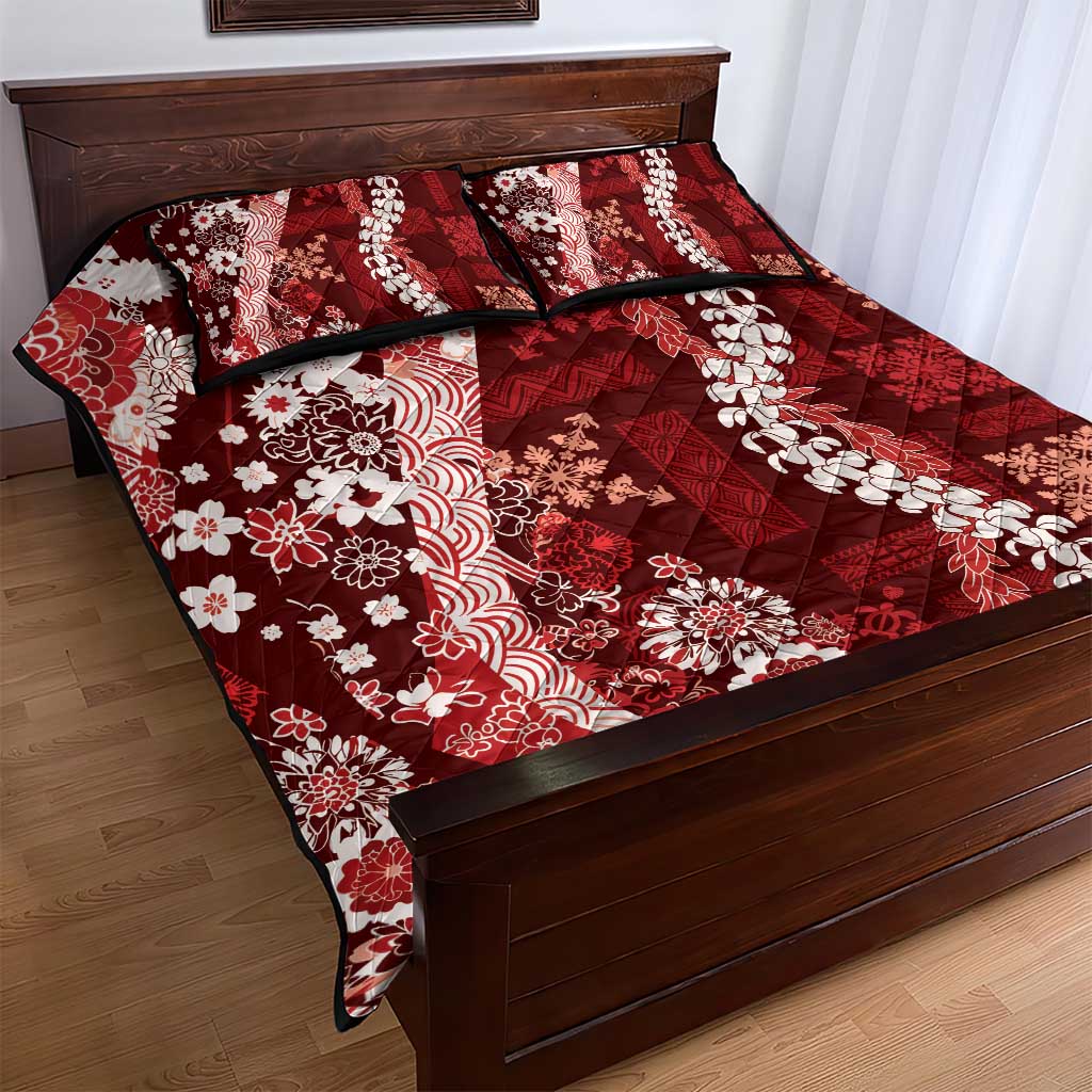 Hawaii Puakenikeni and Maile Lei Quilt Bed Set Red Japanese Wave Style - Polynesian Pride