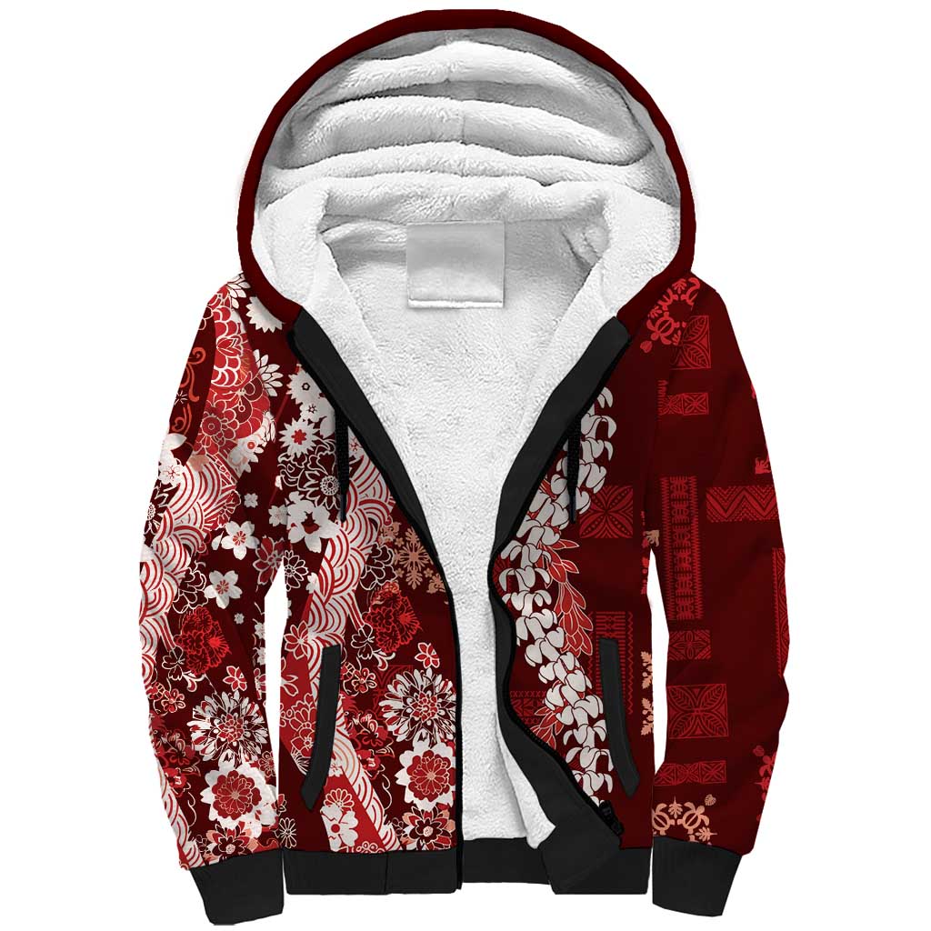Hawaii Puakenikeni and Maile Lei Sherpa Hoodie Red Japanese Wave Style - Polynesian Pride