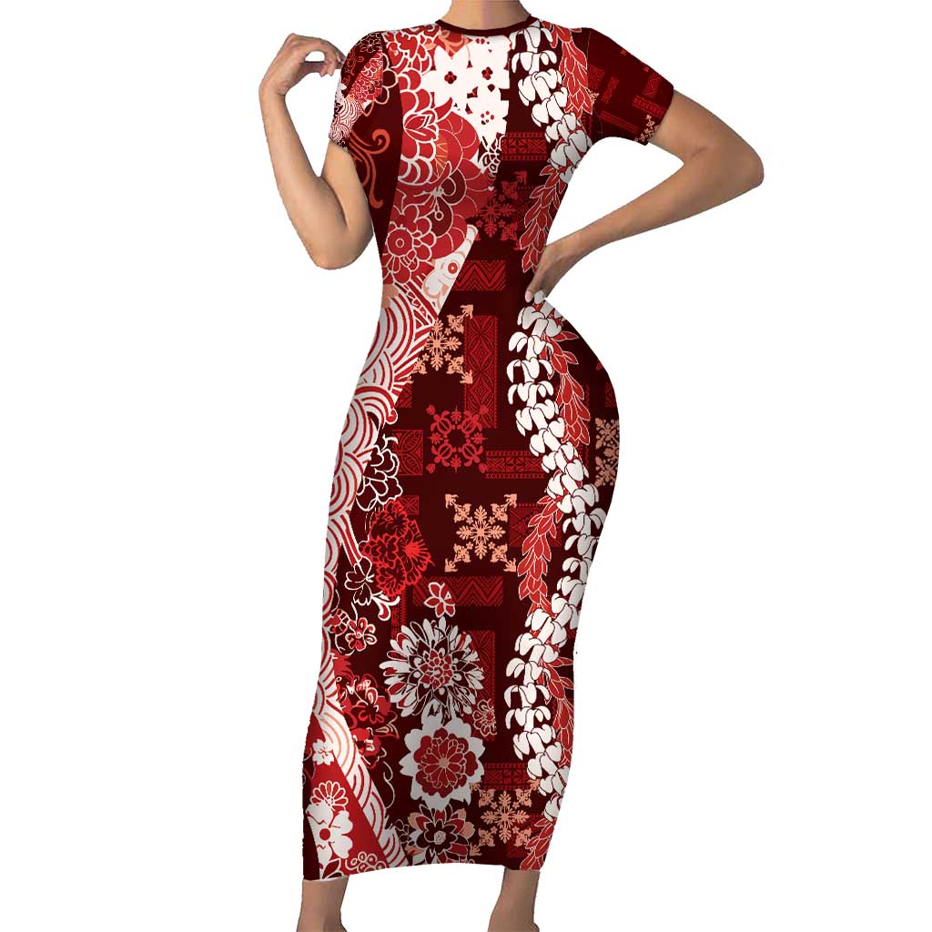 Hawaii Puakenikeni and Maile Lei Short Sleeve Bodycon Dress Red Japanese Wave Style - Polynesian Pride