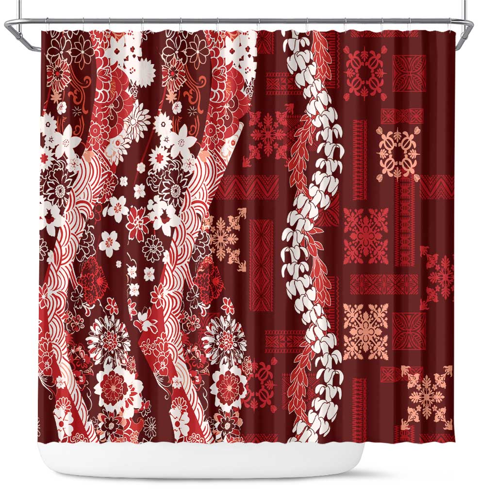 Hawaii Puakenikeni and Maile Lei Shower Curtain Red Japanese Wave Style - Polynesian Pride