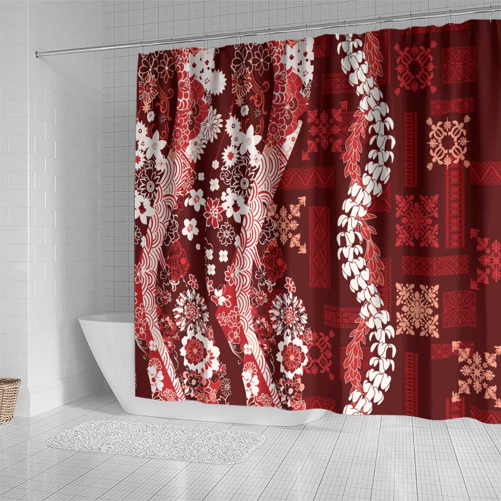 Hawaii Puakenikeni and Maile Lei Shower Curtain Red Japanese Wave Style - Polynesian Pride