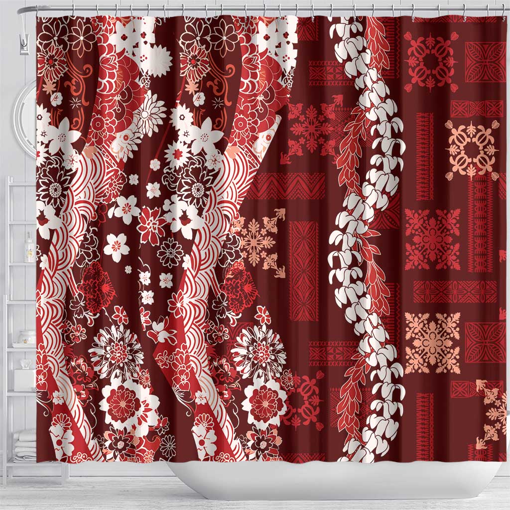 Hawaii Puakenikeni and Maile Lei Shower Curtain Red Japanese Wave Style - Polynesian Pride
