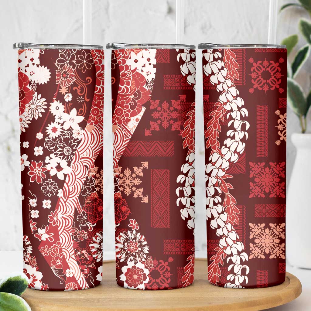 Hawaii Puakenikeni and Maile Lei Skinny Tumbler Red Japanese Wave Style - Polynesian Pride