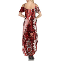 Hawaii Puakenikeni and Maile Lei Summer Maxi Dress Red Japanese Wave Style - Polynesian Pride