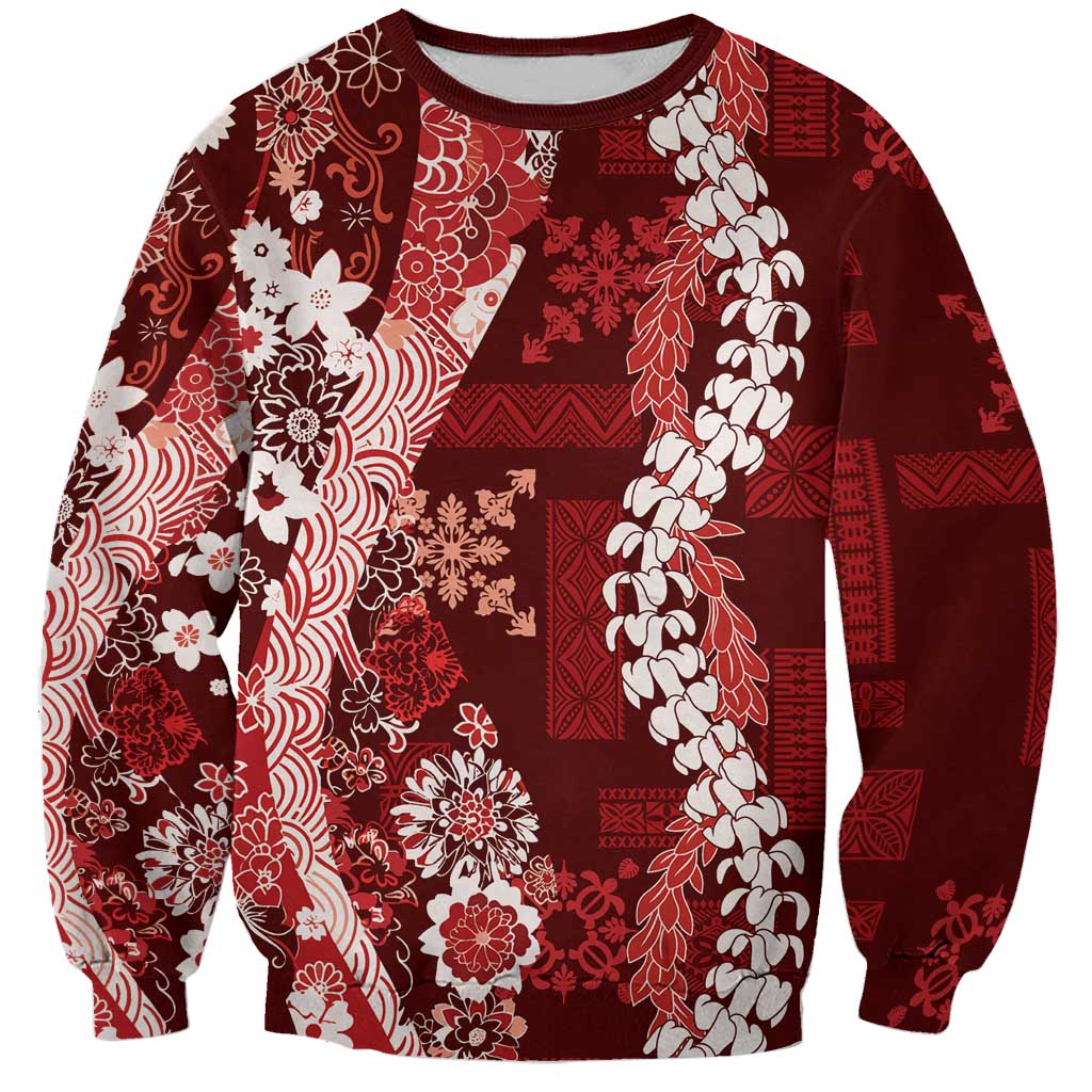 Hawaii Puakenikeni and Maile Lei Sweatshirt Red Japanese Wave Style - Polynesian Pride