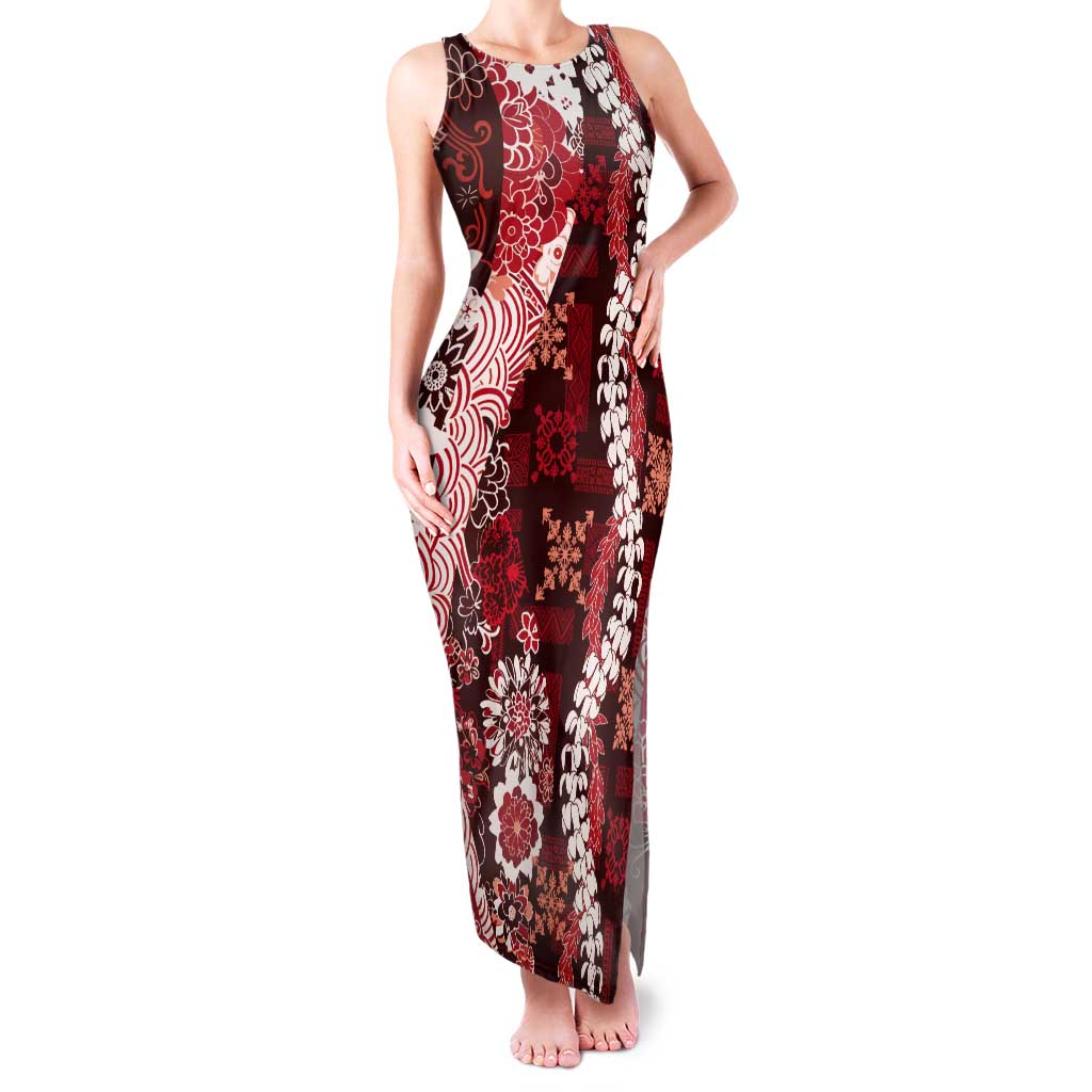 Hawaii Puakenikeni and Maile Lei Tank Maxi Dress Red Japanese Wave Style - Polynesian Pride