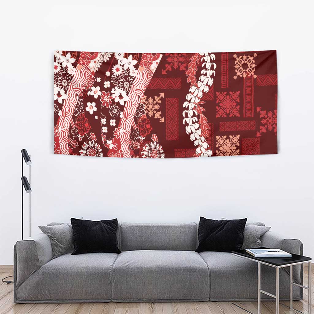 Hawaii Puakenikeni and Maile Lei Tapestry Red Japanese Wave Style - Polynesian Pride