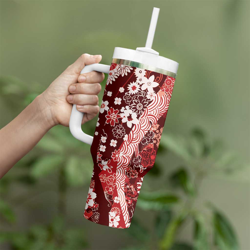 Hawaii Puakenikeni and Maile Lei Tumbler With Handle Red Japanese Wave Style - Polynesian Pride