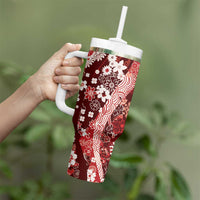 Hawaii Puakenikeni and Maile Lei Tumbler With Handle Red Japanese Wave Style - Polynesian Pride