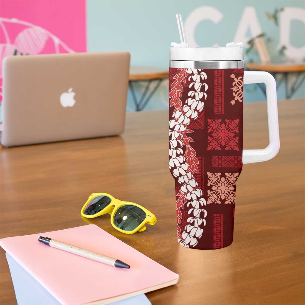 Hawaii Puakenikeni and Maile Lei Tumbler With Handle Red Japanese Wave Style - Polynesian Pride