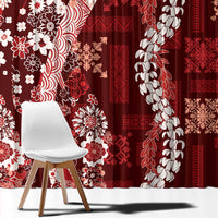 Hawaii Puakenikeni and Maile Lei Window Curtain Red Japanese Wave Style - Polynesian Pride