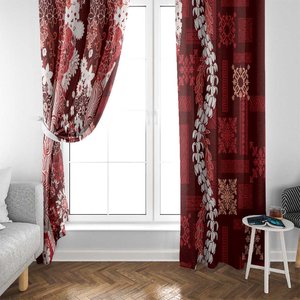 Hawaii Puakenikeni and Maile Lei Window Curtain Red Japanese Wave Style - Polynesian Pride
