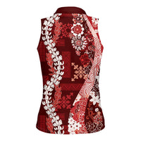 Hawaii Puakenikeni and Maile Lei Women Sleeveless Polo Shirt Red Japanese Wave Style - Polynesian Pride