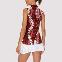 Hawaii Puakenikeni and Maile Lei Women Sleeveless Polo Shirt Red Japanese Wave Style - Polynesian Pride