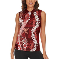 Hawaii Puakenikeni and Maile Lei Women Sleeveless Polo Shirt Red Japanese Wave Style - Polynesian Pride