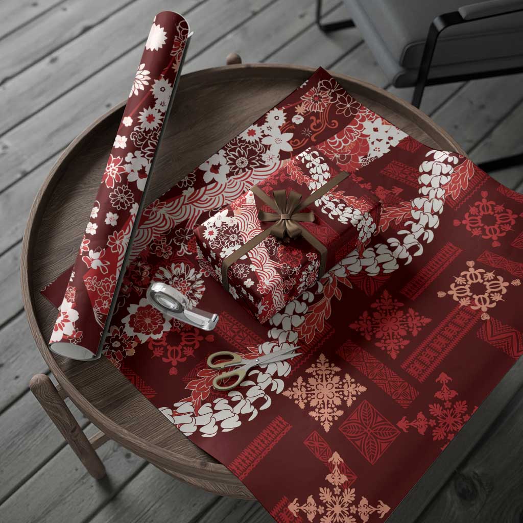 Hawaii Puakenikeni and Maile Lei Wrapping Paper Red Japanese Wave Style - Polynesian Pride
