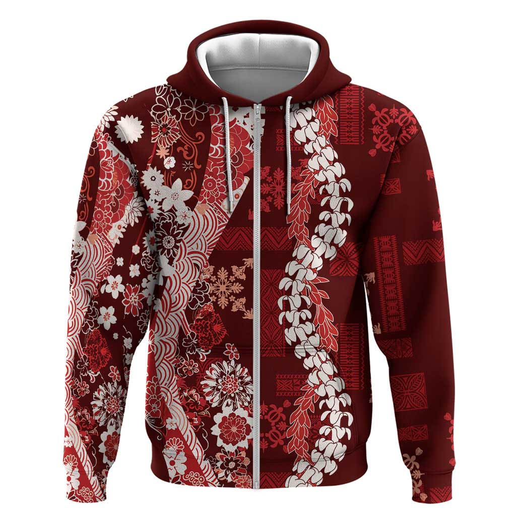 Hawaii Puakenikeni and Maile Lei Zip Hoodie Red Japanese Wave Style - Polynesian Pride