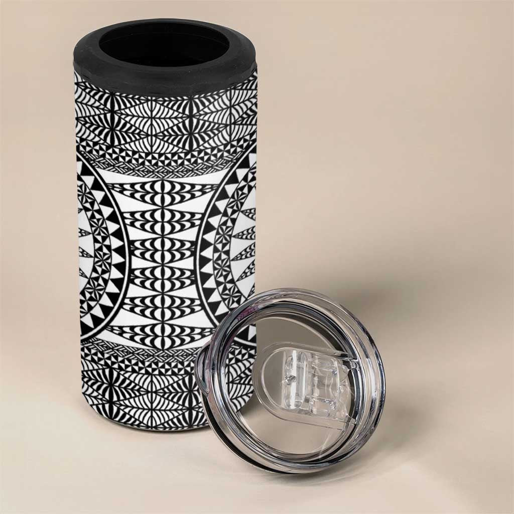 All White Tonga Malo e lelei 4 in 1 Can Cooler Tumbler Vintage Ngatu Tribal Pattern - Polynesian Pride