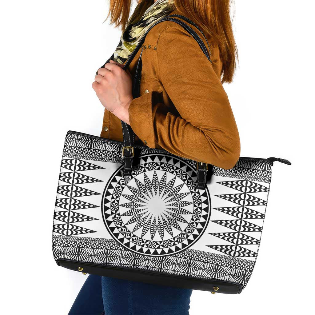 All White Tonga Malo e lelei Leather Tote Bag Vintage Ngatu Tribal Pattern - Polynesian Pride