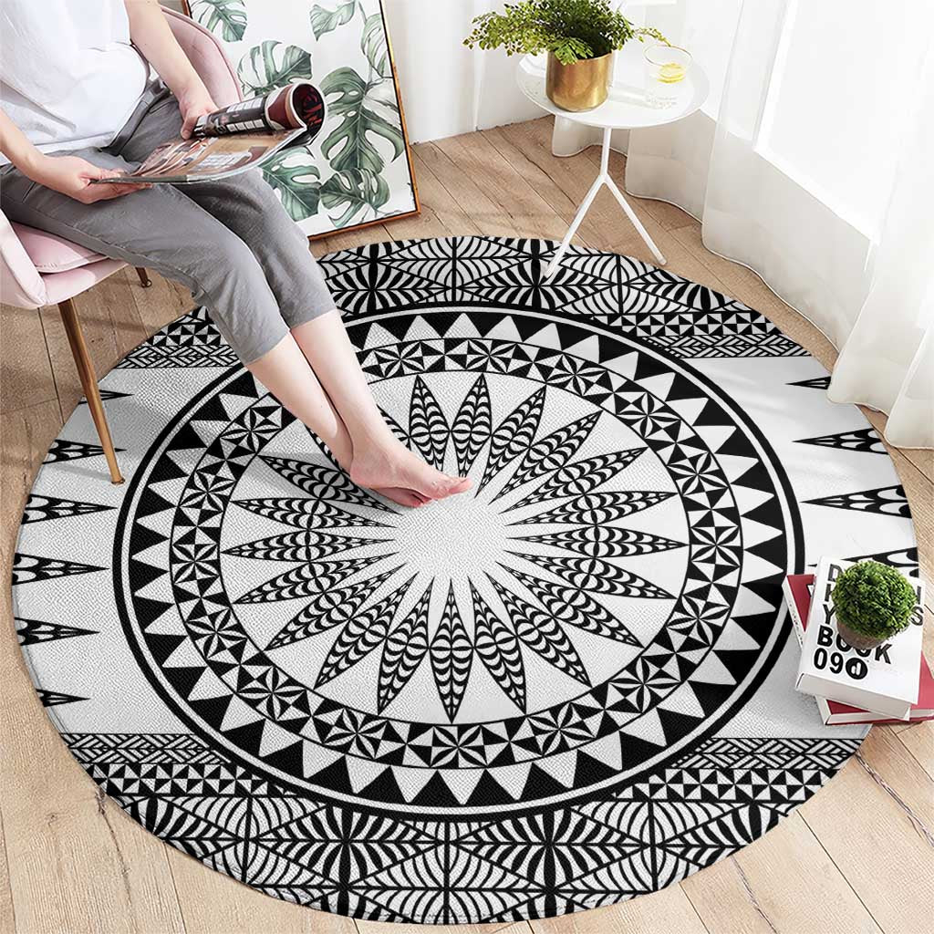 All White Tonga Malo e lelei Round Carpet Vintage Ngatu Tribal Pattern - Polynesian Pride