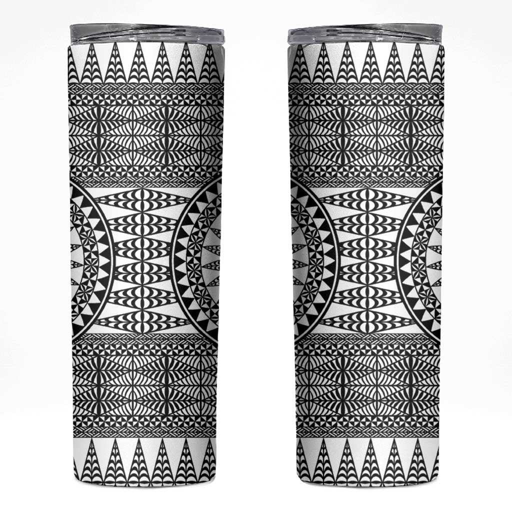 All White Tonga Malo e lelei Skinny Tumbler Vintage Ngatu Tribal Pattern - Polynesian Pride
