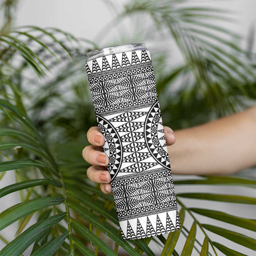 All White Tonga Malo e lelei Skinny Tumbler Vintage Ngatu Tribal Pattern - Polynesian Pride