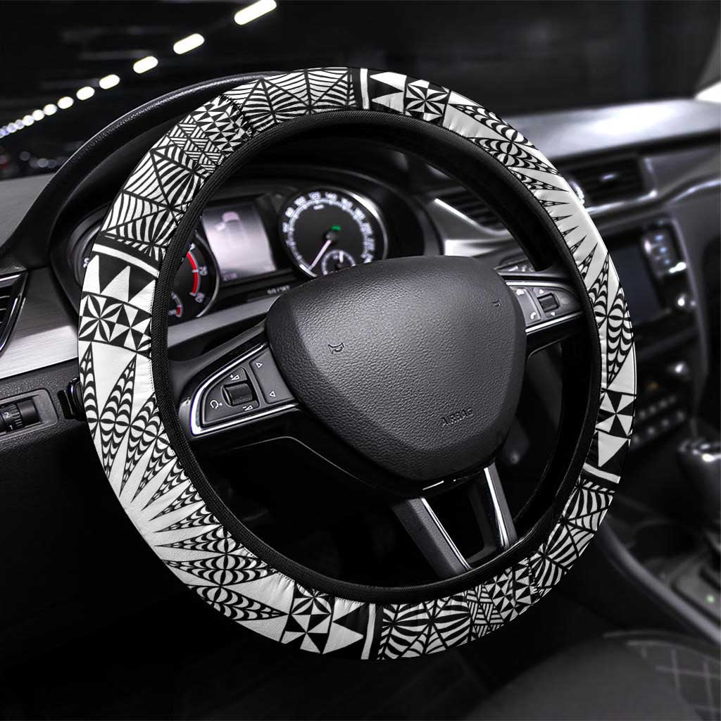 All White Tonga Malo e lelei Steering Wheel Cover Vintage Ngatu Tribal Pattern - Polynesian Pride