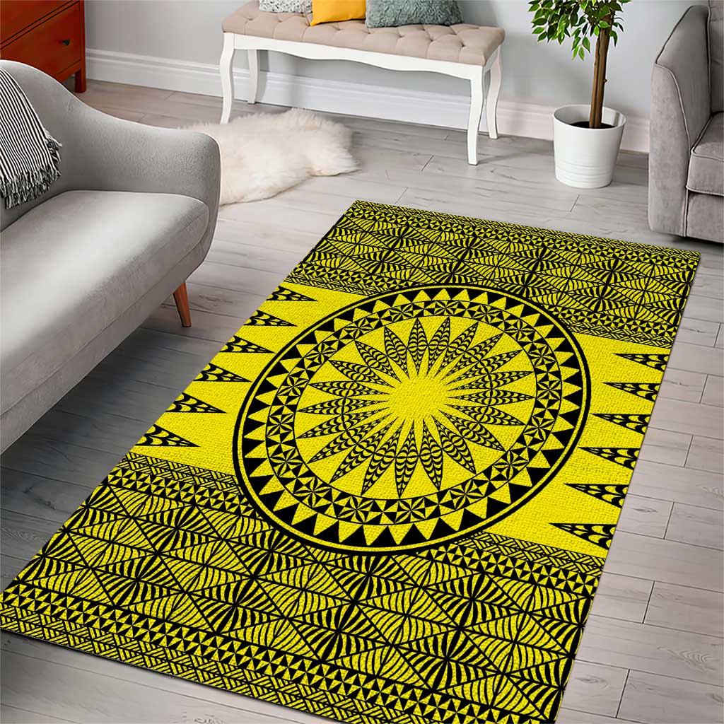 All Yellow Tonga Malo e lelei Area Rug Vintage Ngatu Tribal Pattern - Polynesian Pride