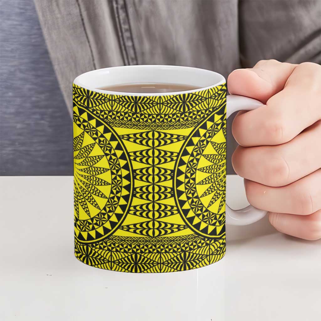 All Yellow Tonga Malo e lelei Ceramic Mug Vintage Ngatu Tribal Pattern - Polynesian Pride