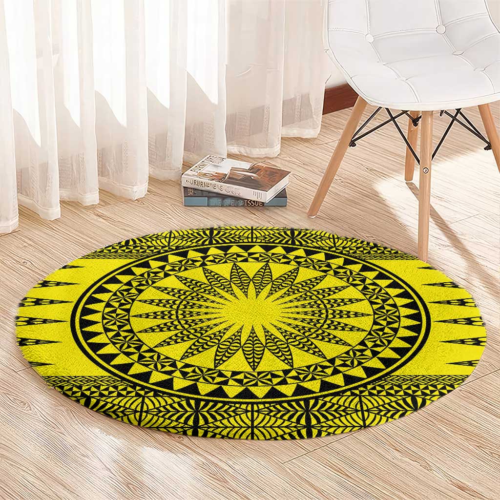 All Yellow Tonga Malo e lelei Round Carpet Vintage Ngatu Tribal Pattern - Polynesian Pride